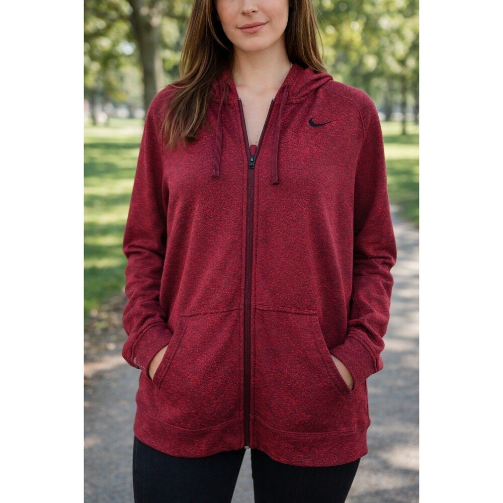 Nike Women’s Full Zip Hoodie Size Medium RED Swoosh Logo Fleece Sweatshirt - Picture 1 of 6